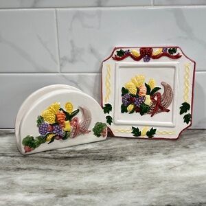 Vintage Ceramic Cornucopia Trivet & Matching Napkin Holder Fall Thanksgiving